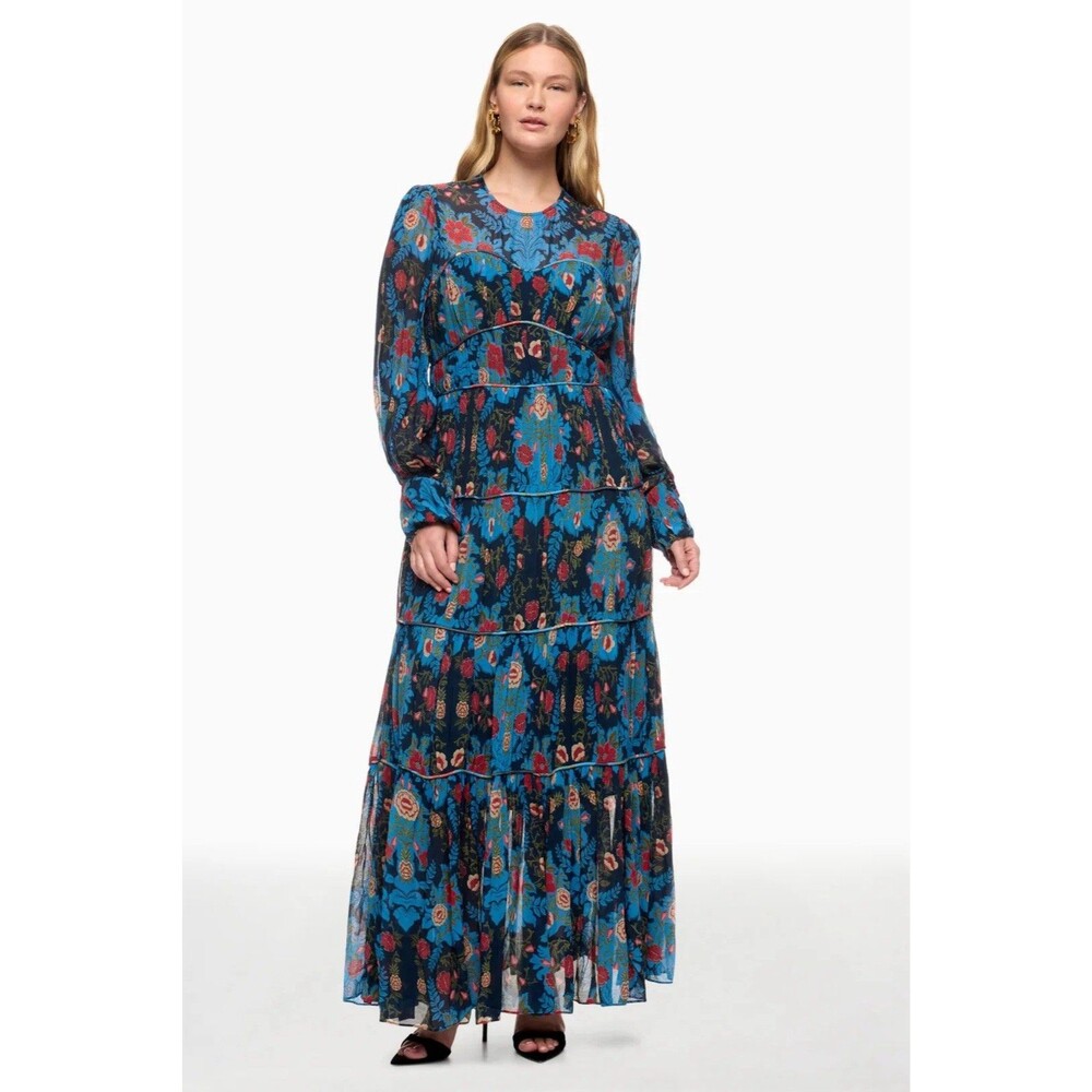 FARM Rio Arabesque Floral Tiered Maxi Dress Gown Blue Red Long Sleeve Size M